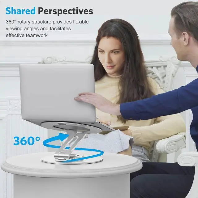Alt view image 11 of 14 - Adjustable Laptop Stand with 360 Rotating Base, Ergonomic Laptop Riser for Collaborative Work, Dual Rotary Shaft Fully Foldable for Easy Storage, Fits All Laptops up to 16 inches, Silver