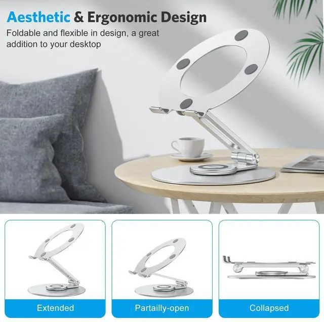 Alt view image 12 of 14 - Adjustable Laptop Stand with 360 Rotating Base, Ergonomic Laptop Riser for Collaborative Work, Dual Rotary Shaft Fully Foldable for Easy Storage, Fits All Laptops up to 16 inches, Silver