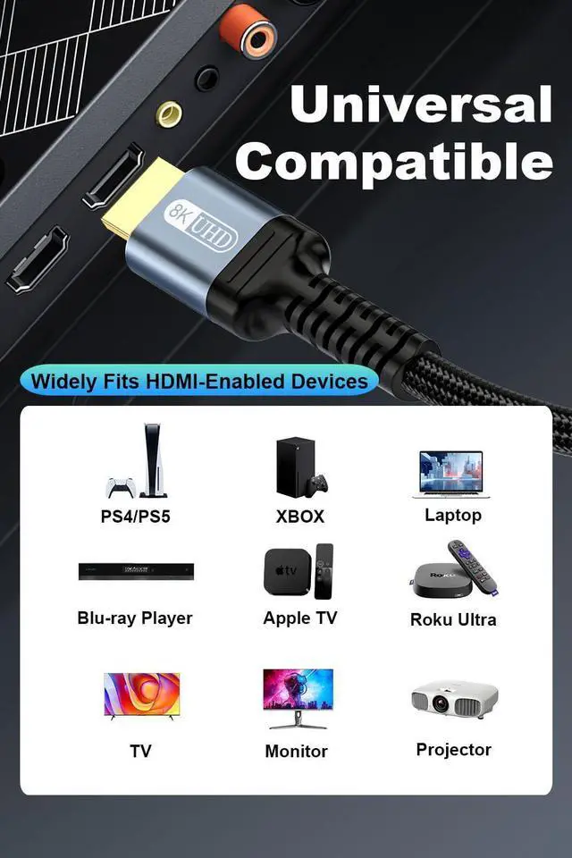 Alt view image 13 of 14 - 10K 8K 4K HDMI 2.1 Cable 6ft, 48Gbps Ultra High Speed HDMI Cable Braided Cord-8K@60Hz 4K@120Hz, Dynamic HDR, eARC, HDCP 2.2&2.3, 3D, for TV/Laptop/Monitor/PS5/Xbox/Projector/Entertainment/Sound System