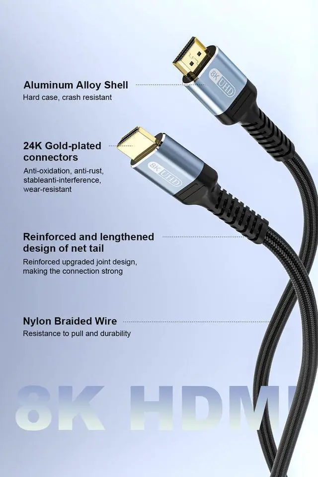 Alt view image 14 of 14 - 10K 8K 4K HDMI 2.1 Cable 6ft, 48Gbps Ultra High Speed HDMI Cable Braided Cord-8K@60Hz 4K@120Hz, Dynamic HDR, eARC, HDCP 2.2&2.3, 3D, for TV/Laptop/Monitor/PS5/Xbox/Projector/Entertainment/Sound System