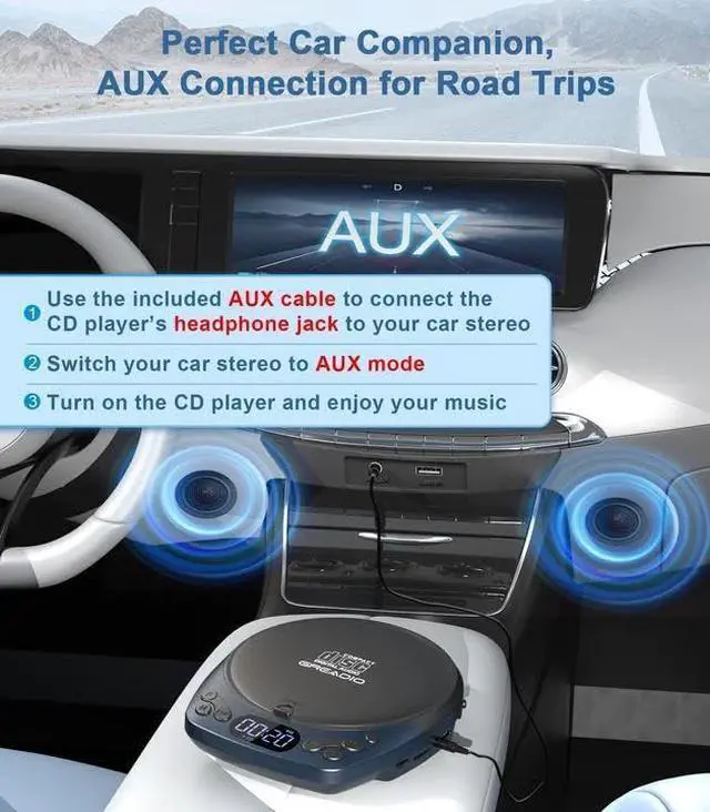 Alt view image 12 of 14 - Portable CD Player with Headphones, Rechargeable Discman CD Player for Car & Home, Small CD Players Portable with 60s Anti-Skip, Supports CD/MP3/WMA/TF Card/AUX, Backlit/Lock/Programmable/Timer