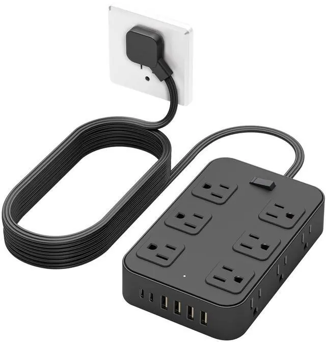 Alt view image 8 of 14 - Flat Plug Power Strip Surge Protector 5 Ft Extension Cord with 12 AC Outlets 6 USB Ports 3 Side Multi Plug Outlet Extender Home Office Kitchen Dorm Room Wall Desk Charging Station ETL Listed