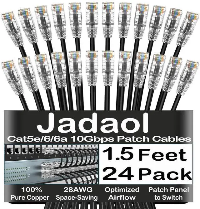 Alt view image 8 of 14 - Cat5e/6/6A Ethernet Patch Cable 1.5ft 24 Pack, Slim 28AWG Patch Cord, 10Gbps Network Cable, Snagless RJ45 Short Cable for Patch Panel, Switch, Server Rack, Data Center, Black