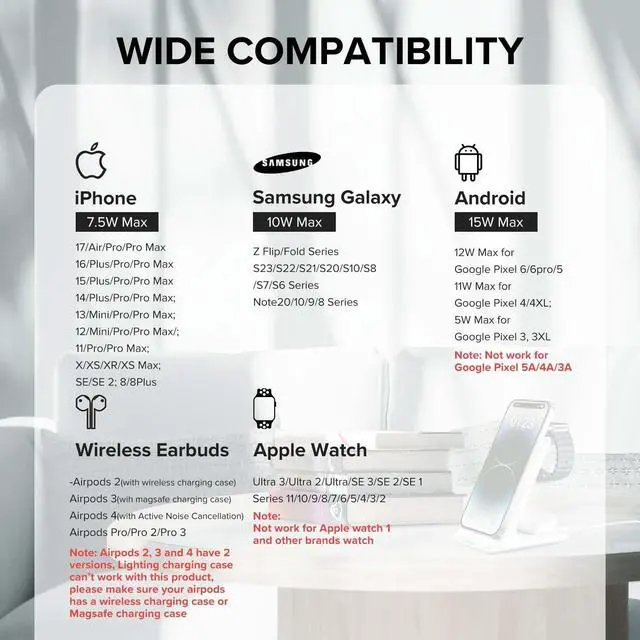 Alt view image 9 of 12 - Wireless Charging Station, 3 in 1 Fast Wireless Charger Stand for Multiple Devices Apple Watch Ultra Series 11 10 9 8 7 6 SE 5 4 3 2, iPhone 17 16 15 14 13 12 11 Pro Max/Plus/Air/X/XS/XR/SE, Airpods