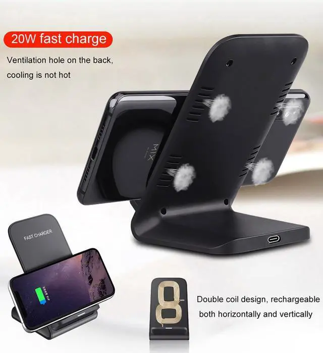 Alt view image 8 of 10 - 2 Pack Wireless Charging Stand, 20W Fast Charging Stand with QC3.0 Adapter for Samsung Galaxy S25/S25+/S25 Ultra/S24/S23/S22/S21/Note, for iPhone 17 Air Pro Max/16/15/14/13/12/11 Series, and More.