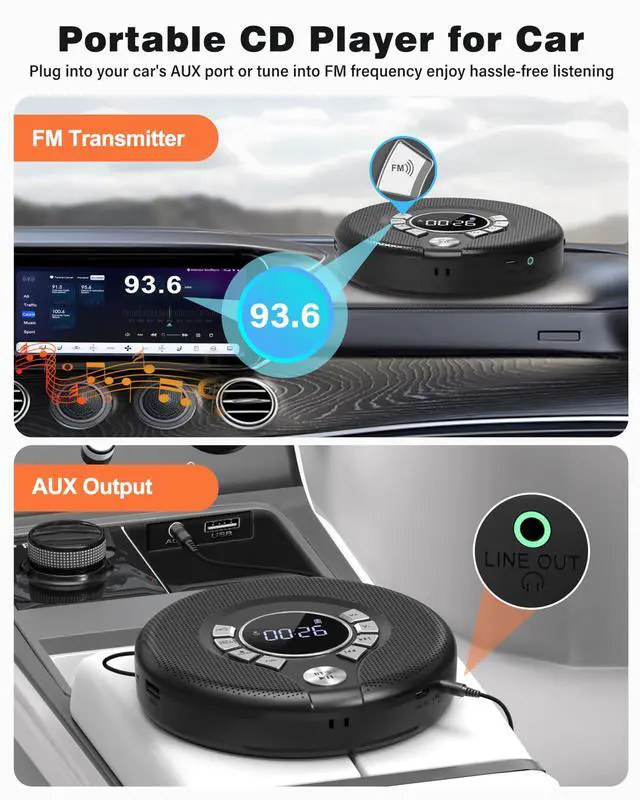 Alt view image 10 of 14 - Portable Bluetooth CD Player with 2000mAh Rechargeable, Personal CD Player for Car with FM Transmitter/AUX, CD Discman Player with Headphone, 120s Anti-Skip, USB Port, Backlight (Black)