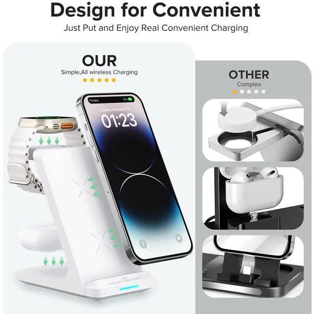 Alt view image 10 of 12 - Wireless Charging Station, 3 in 1 Fast Wireless Charger Stand for Multiple Devices Apple Watch Ultra Series 11 10 9 8 7 6 SE 5 4 3 2, iPhone 17 16 15 14 13 12 11 Pro Max/Plus/Air/X/XS/XR/SE, Airpods