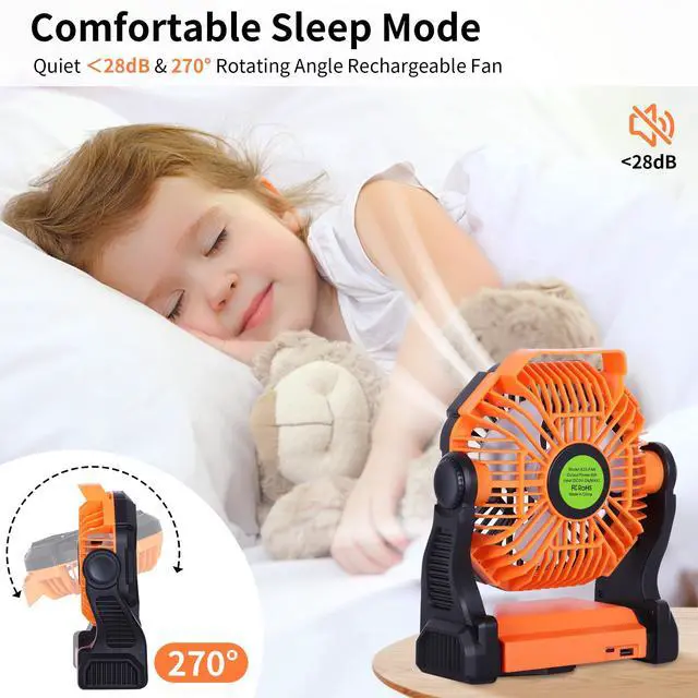 Alt view image 10 of 14 - Portable Fan Rechargeable Battery Powered Fan,270°Pivot Cordless Battery Operated Camping Fans with LED Light & Hook,USB Personal Fans Outdoor Camping Essentials for Tent Beach Travel Reading