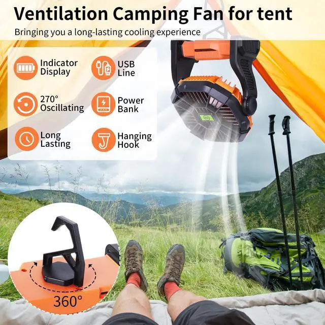 Alt view image 13 of 14 - Portable Fan Rechargeable Battery Powered Fan,270°Pivot Cordless Battery Operated Camping Fans with LED Light & Hook,USB Personal Fans Outdoor Camping Essentials for Tent Beach Travel Reading