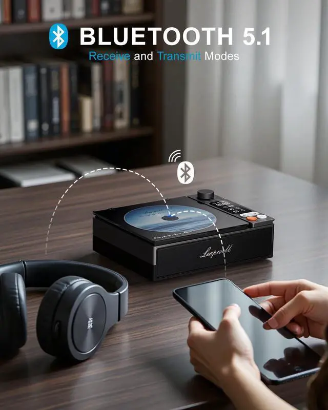 Alt view image 10 of 14 - CD Player Portable Bluetooth Desktop CD Players for Home with Speakers Rechargeable Small Retro CD Player with LCD Screen Optical USB Black