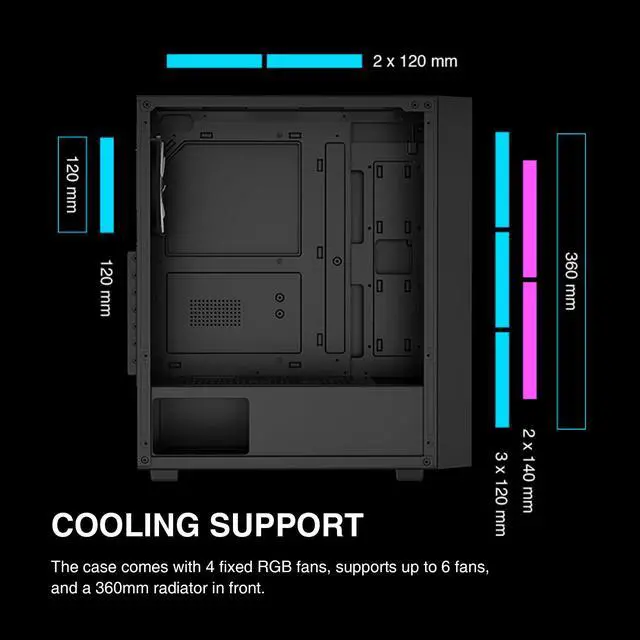 Alt view image 12 of 14 - ATX Mid Tower Computer PC Case with Tempered Glass, 4X 120mm ARGB PWM Fans Gaming Case, Support Up to 6X 120mm Fans, 360mm AIO/Radiator, 260mm GPU/VGA, 160mm CPU Air Cooler