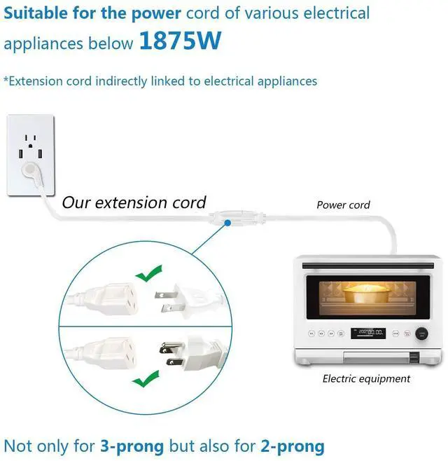 Alt view image 9 of 11 - 1875W Flat Plug 1Ft Extension Cord 15A for Home Appliance White (3 Packs)
