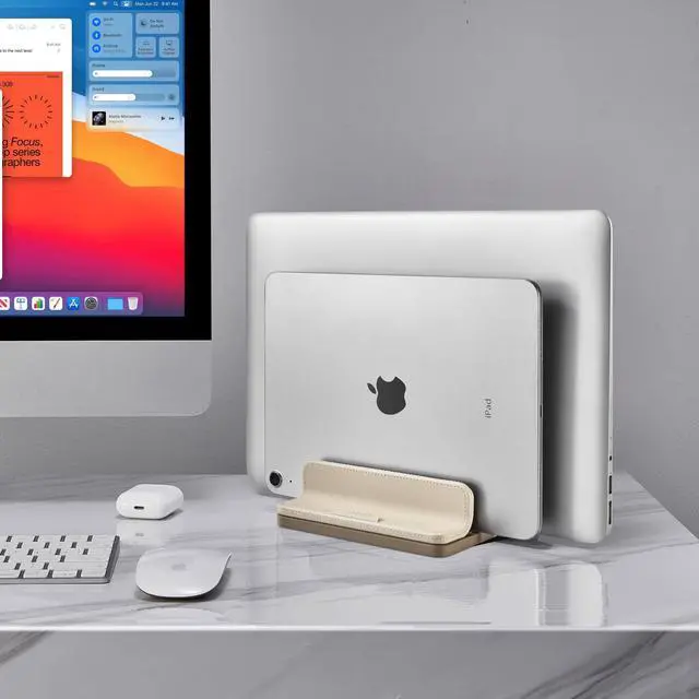 Alt view image 14 of 14 - Dual Vertical Laptop Stand, 3 in 1 Upright Desktop Stand Holder with Adjustable Dock (Up to 17.3''), Leather Laptop Rack Storage Desk Organizer for Phone, Tablet, MacBook/HP/Dell/Chrome Book (Apricot)