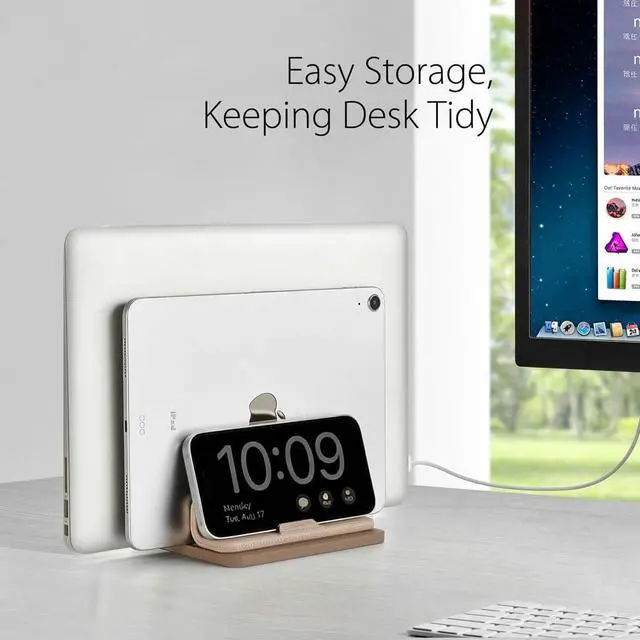 Alt view image 13 of 14 - Dual Vertical Laptop Stand, 3 in 1 Upright Desktop Stand Holder with Adjustable Dock (Up to 17.3''), Leather Laptop Rack Storage Desk Organizer for Phone, Tablet, MacBook/HP/Dell/Chrome Book (Apricot)