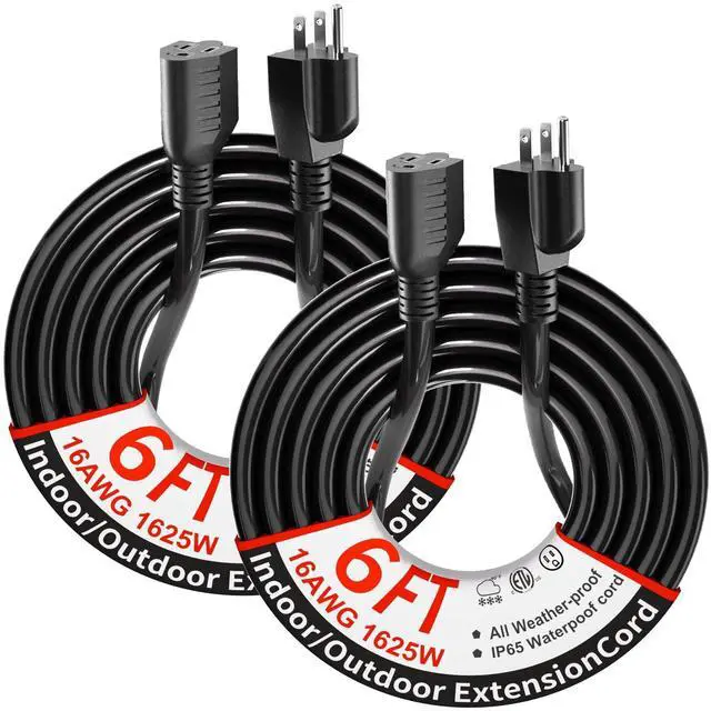 Alt view image 8 of 14 - 2 Pack of 6Ft Black Outdoor Extension Cord 16/3 Gauge Waterproof, Cold Weatherproof -58°F, Flame Retardant, Flexible 3 Prong Electric Cord for Lawn Office,13A 1625W 16AWG SJTW, ETL Listed