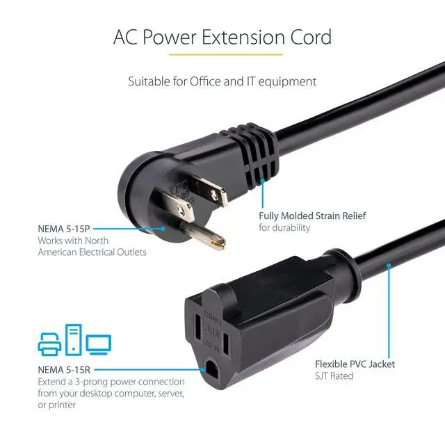 Alt view image 8 of 10 - 1ft (0.3m) Power Extension Cord, Right Angle NEMA 5-15P to NEMA 5-15R, 13A 125V, 16AWG, Computer Power Extension Cord, AC Outlet Extension Cable, UL Listed (PAC101R1)