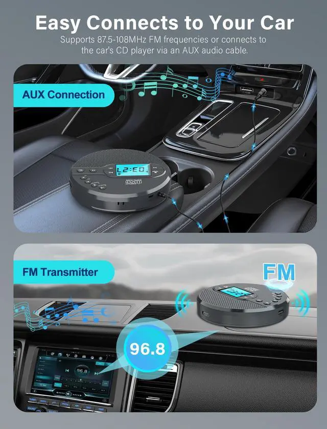 Alt view image 12 of 14 - Portable CD Player with 2000mAh Rechargeable Battery-Bluetooth Connect CD Player with 3.5mm Headphones Jack,FM Transmitter,LCD Screen,AUX,Built-in Speaker,USB MP3 Player, Anti-Shock Protection for Car