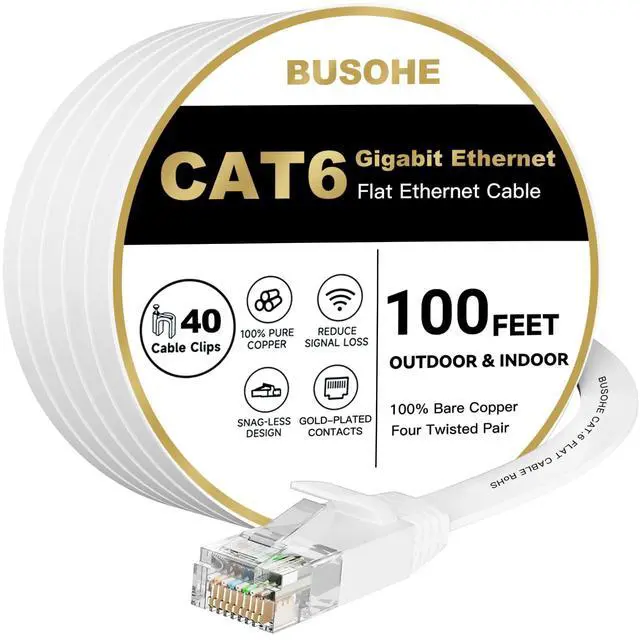 Alt view image 8 of 14 - Cat6 Ethernet Cable 100 FT White, Cat-6 Flat Internet LAN Network Ethernet Patch Cable Cord, Gigabit RJ45 Computer Wire with Clips - 100 Feet
