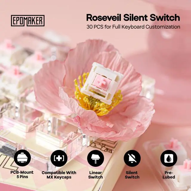 Alt view image 9 of 14 - Silent Keyboard Switch for Mechanical Gaming Keyboard, 30PCS, 5-pin, 32gf, Pre-Lubed, Linear Silent, PC Case, LY Stem, Compatible with MX Keycaps (Roseveil Silent)