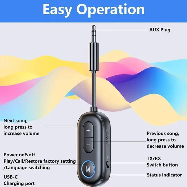 Alt view image 10 of 14 - Bluetooth 5.4 Transmitter Receiver - 2-in-1 Bluetooth Wireless Audio Transmitter for Headphones or BT Devices - 3.5mm Audio Jack Adapter for TV, Airplane, Car, PC, Gym Equipment, Switch