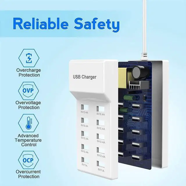 Alt view image 10 of 14 - 10-Port USB Wall Charger Station with Rapid Charging Auto Detect Technology Safety Guaranteed Family-Sized USB Ports for Multiple Devices Smart Phone Tablet Laptop Computer