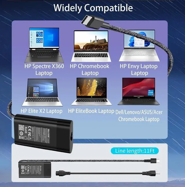 Alt view image 9 of 14 - New Slim for HP 65W Laptop Charger USB C,Replacement for HP Envy x360,Spectre x360,Elitebook G5 G6,HP Computer Chromebook,Zbook,Elite x2,ProBook,Pavilion Travel Type C Power Cord Ac Adapter