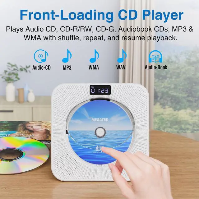 Alt view image 11 of 14 - Portable CD Player Bluetooth for Home, Desktop CD Player with Stereo Speakers, FM Radio, USB, LED Display, AUX/Headphone Jack, Remote White