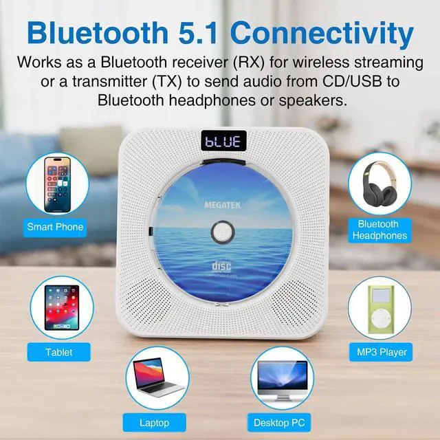 Alt view image 12 of 14 - Portable CD Player Bluetooth for Home, Desktop CD Player with Stereo Speakers, FM Radio, USB, LED Display, AUX/Headphone Jack, Remote White