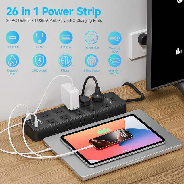 Alt view image 9 of 14 - 20 Outlet Power Strip with USB C,6Ft Extension Cord with Multiple Outlets, 2700 Joules Surge Protector,1875W/15A, ETL Listed for Home Office Dorm Gaming