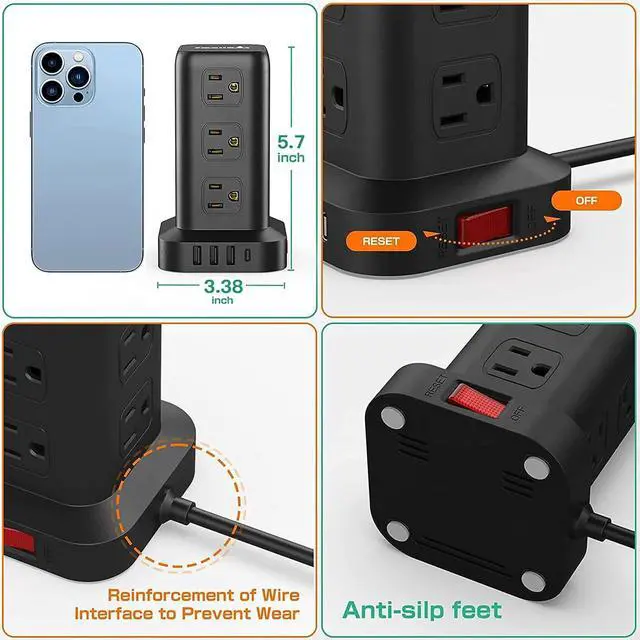 Alt view image 12 of 14 - Extension Cord with Multiple Outlets, Surge Protector Power Strip Tower, Outlet Extender with 12 AC Outlets 4 USB, 6.5FT Extension Cord for Home Dorm Room, Office Supplies,Overload Protection