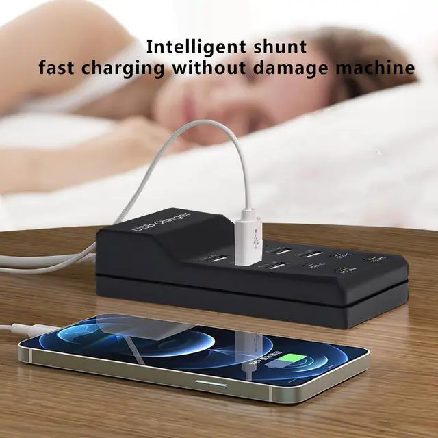 Alt view image 10 of 14 - 50W USB Charging Station with 10-Port Family-Sized Smart USB Ports for Multiple Devices - Smart Phone, Tablet, Laptop Computer - for iPhone 15/14/13 Black