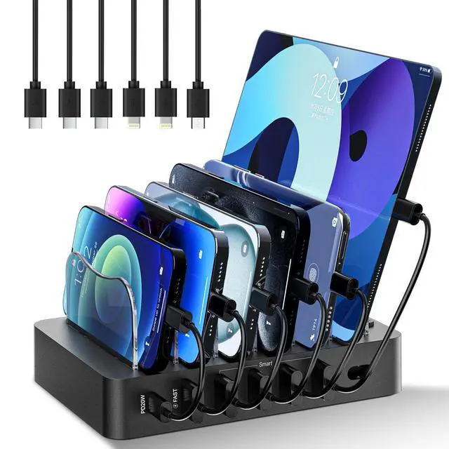 Alt view image 7 of 12 - Charging Station for Multiple Devices 68W 6 Port Phone Charger Dock with 6 Cables, 20W Black Fast Charging Station Compatible with Apple Cellphone iPad iPhone Tablet(Black)