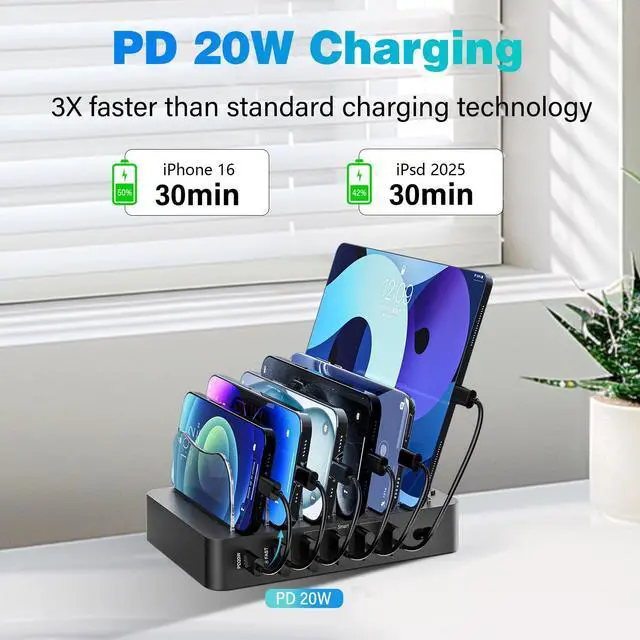 Alt view image 8 of 12 - Charging Station for Multiple Devices 68W 6 Port Phone Charger Dock with 6 Cables, 20W Black Fast Charging Station Compatible with Apple Cellphone iPad iPhone Tablet(Black)