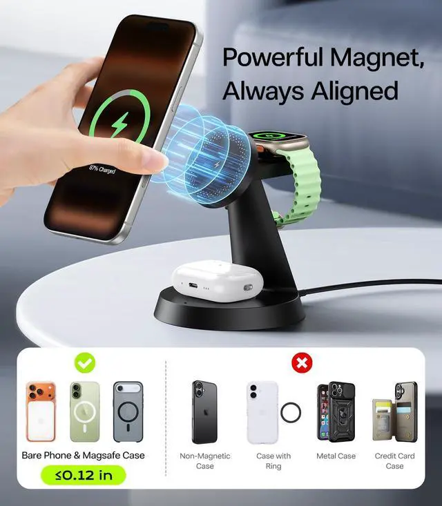 Alt view image 14 of 14 - 3 in 1 Charging Station for Apple Devices, 15W Fast Wireless Charger Compatible with MagSafe Charging Stand for iPhone 17 16 15 14 13 12 Series, Watch Charger Stand for Apple Watches & Airpods
