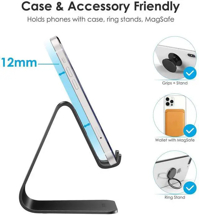 Alt view image 11 of 14 - Upgraded Aluminum Cell Phone Stand, C1 Durable Cellphone Dock with Protective Pads, Smart Stand Designed for iPhone 17 Air, 16/15/14/13 Pro Max XR XS, iPad mini, Android Phones, Black