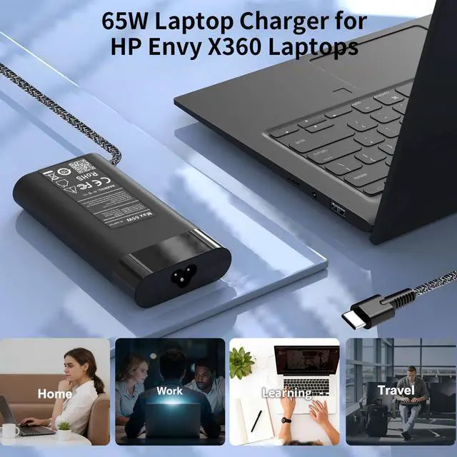 Alt view image 14 of 14 - New Slim for HP 65W Laptop Charger USB C,Replacement for HP Envy x360,Spectre x360,Elitebook G5 G6,HP Computer Chromebook,Zbook,Elite x2,ProBook,Pavilion Travel Type C Power Cord Ac Adapter