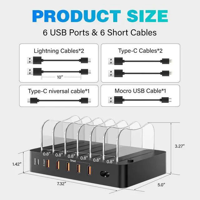Alt view image 9 of 12 - Charging Station for Multiple Devices 68W 6 Port Phone Charger Dock with 6 Cables, 20W Black Fast Charging Station Compatible with Apple Cellphone iPad iPhone Tablet(Black)