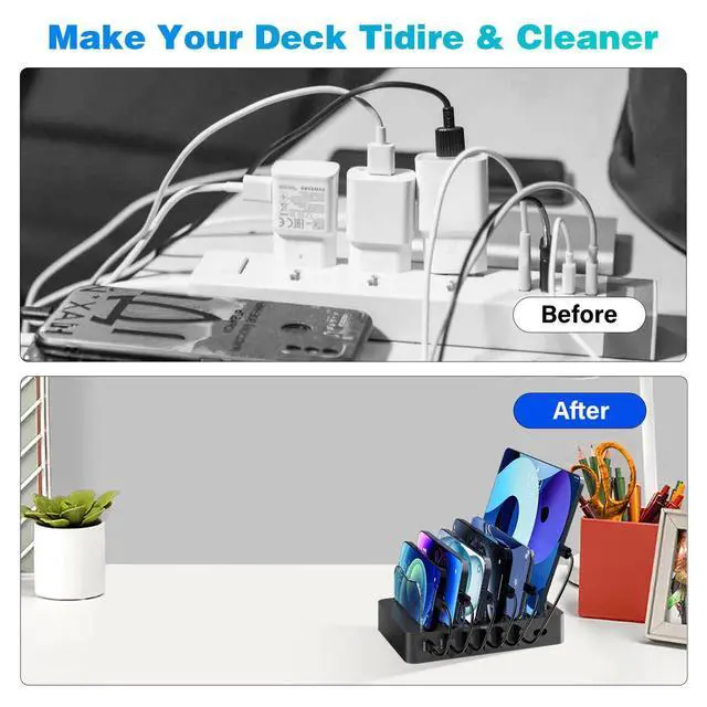 Alt view image 10 of 12 - Charging Station for Multiple Devices 68W 6 Port Phone Charger Dock with 6 Cables, 20W Black Fast Charging Station Compatible with Apple Cellphone iPad iPhone Tablet(Black)
