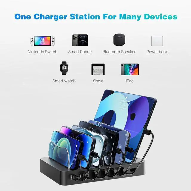 Alt view image 11 of 12 - Charging Station for Multiple Devices 68W 6 Port Phone Charger Dock with 6 Cables, 20W Black Fast Charging Station Compatible with Apple Cellphone iPad iPhone Tablet(Black)