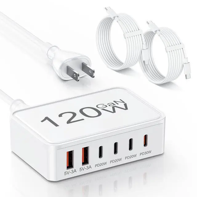 Alt view image 8 of 14 - USB C Charger Block,120W GaN 6 Port Type C Fast Charging Station Hub,5FT Cord USB C Wall Charger Adapter Plug for iPad, iPhone 17, 16, 15, 14, 13, 12 Pro Max, Pixel, Galaxy and More