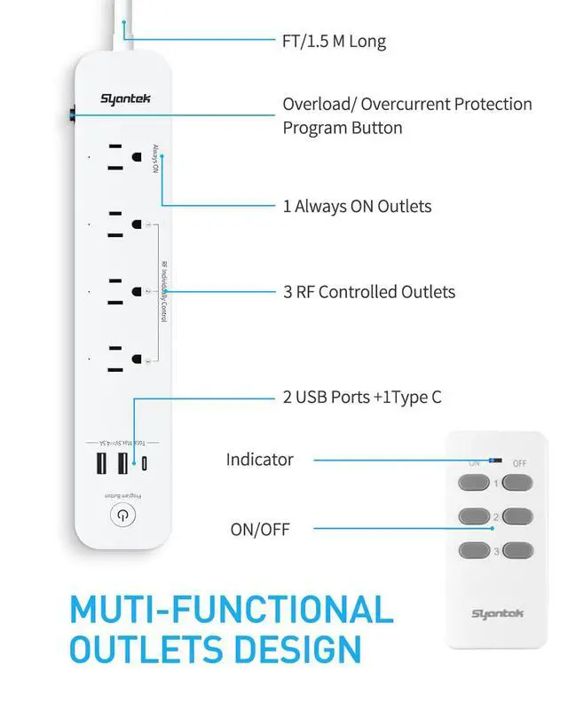 Alt view image 9 of 14 - Remote Control Power Strip with 3 USB Surge Protector Power Strip with 3 RF Controlled Outlets, 5ft Extension Cord, 15A/1875W Remote Control Outlet for Household and Workstation Appliances