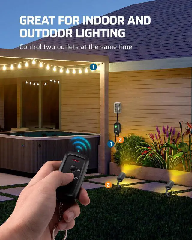 Alt view image 11 of 14 - Outdoor Wireless Remote Control Outlet Power Strip Weatherproof, Expandable Indoor Outdoor Electrical Plug in Light Switch, 15 A, 7-Inch Extension Cord, 100 FT Range, ETL Listed