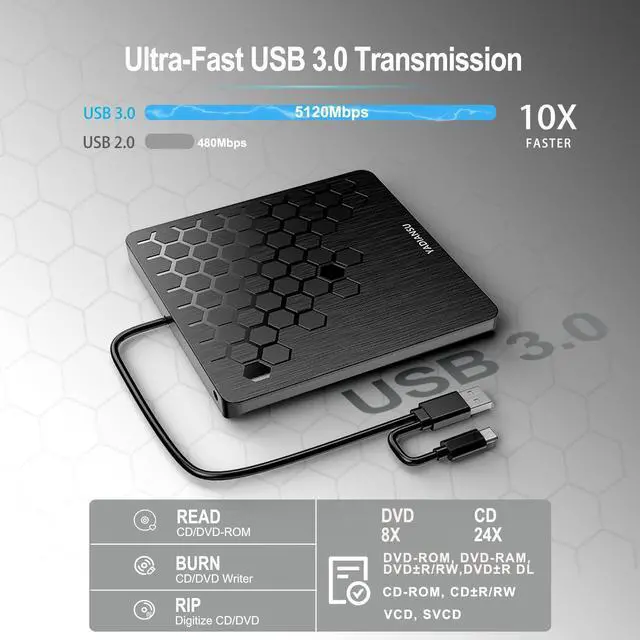 Alt view image 11 of 11 - External CD DVD Drive, 0.5 Ultra Slim USB 3.0 Type-C DVD Player, CD DVD+/-RW Optical Drive, Portable DVD CD Burner Reader Writer Recorder for Laptop, Desktop, Mac, Windows 11/10/8/7, Linux, Black