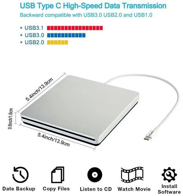 Alt view image 8 of 10 - USB-C Superdrive External DVD/CD Reader and DVD/CD Burner for Apple-MacBook Air/Pro/iMac/Mini/MacBook Pro/ASUS/ASUS/DELL Latitude with USB-C Port Plug and Play(Silver)