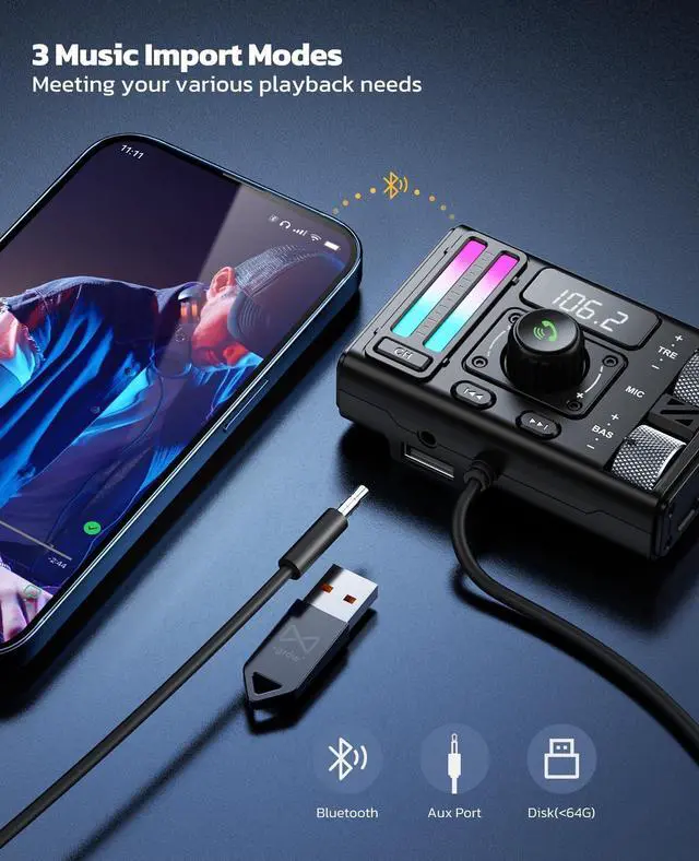 Alt view image 10 of 14 - Bluetooth 5.3 Car Adapter with Air Vent Installation & DSP Noise Cancellation, QC3.0 & Type-C PD Car Charger Wireless FM Radio Transmitter Supports Bass & Treble Boost