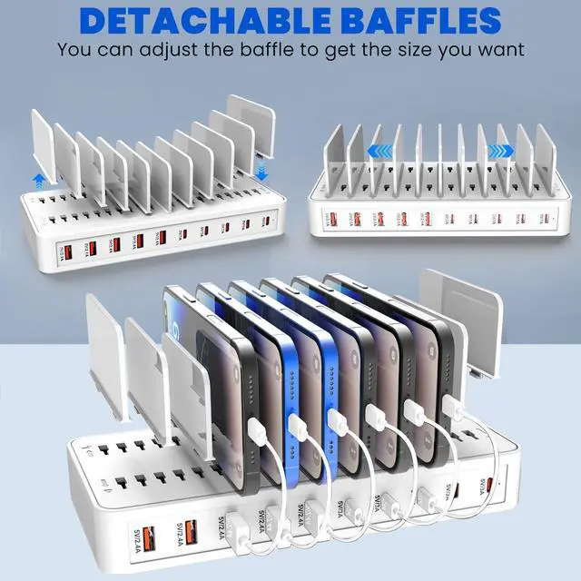 Alt view image 11 of 14 - Charging Station for Multiple Devices, 100W 10 Ports Charging Dock with 10 Cables Smart IC Tech and Adjustable Dividers Type-CMulti USB Charger for iPhone Galaxy iPad TabletWhite