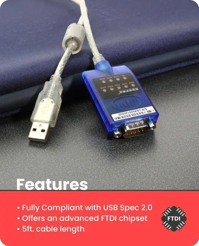 Alt view image 12 of 14 - USB to Serial RS-232 Adapter with LED Indicators, FTDI Chipset, Supports Windows 11/10/8.1/8/7, Mac OS X 10.6 and Above
