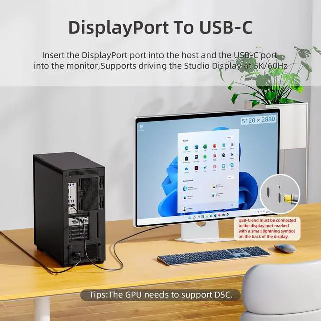 Alt view image 10 of 14 - DisplayPort to USB-C Cable 8K@60Hz, DP to Type-C Male Cable Adapter 6.6ft Converter for Apple Studio Display, USB-C Display Device Conversion Cable Not Compatible with Any AR Device