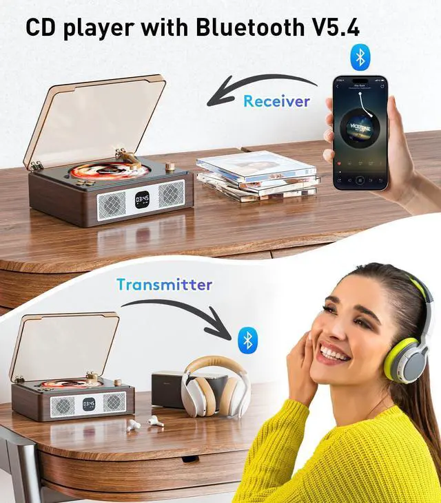 Alt view image 9 of 14 - Retro Cd Player Can Rip to USB,Nostalgic Bluetooth CD Player for Home,Built-in Speakers with LCD Screen,Supports Coaxial/3.5mm/FM Radio with Remote Control-Wired Walnut Brown