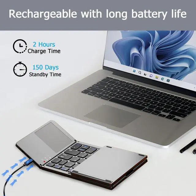 Alt view image 11 of 12 - Foldable Bluetooth Keyboard with Touchpad, Ultra Slim Portable Wireless Keyboard with Rechargeable Battery for Android Windows iOS Tablets Laptop-Space Gray